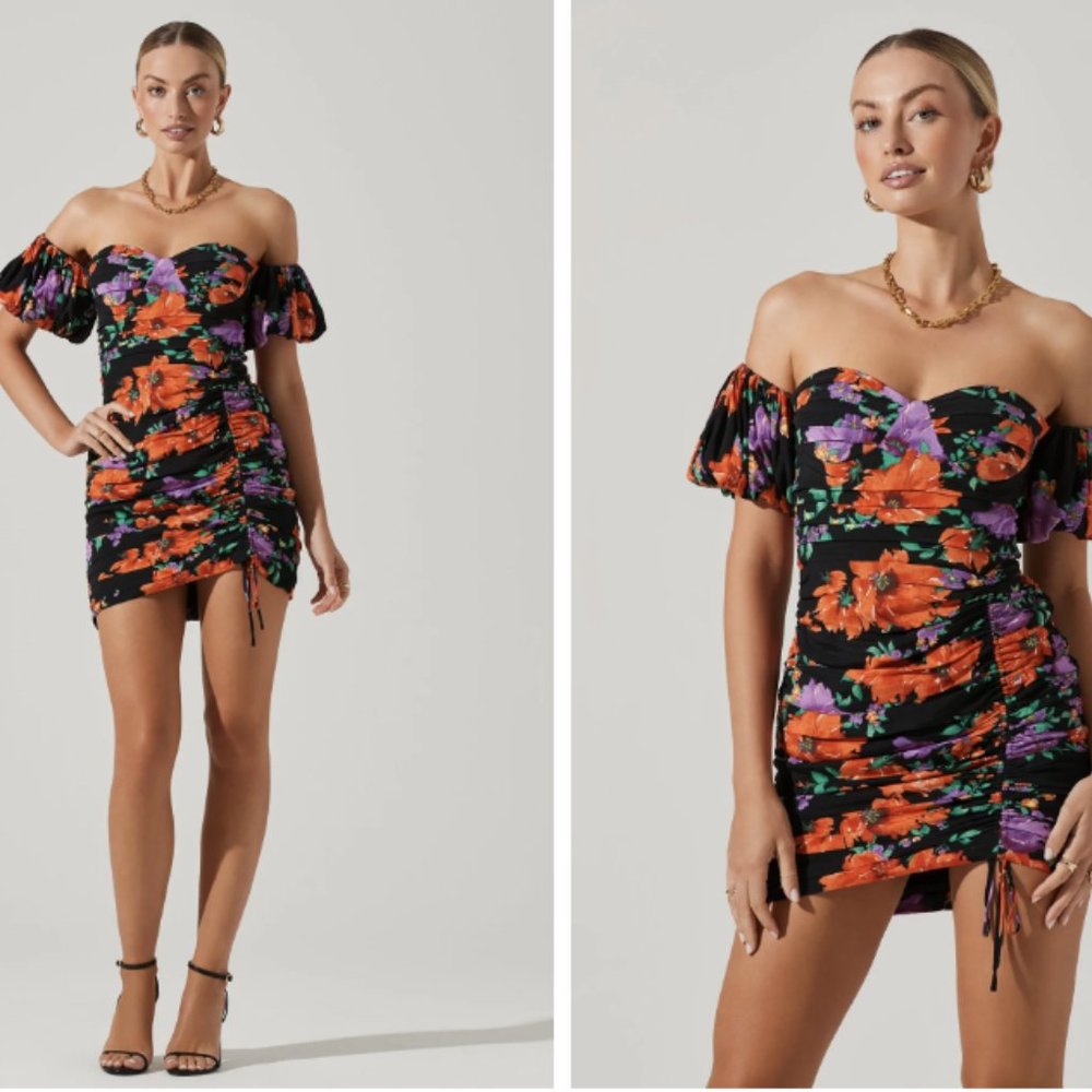 FLORAL OFF SHOULDER RUCHED MINI DRESS
